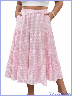 Plus Size Cotton Midi Skirt Elastic High Waist A-Line with Pockets